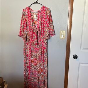 Rusty Pink Floral Paisley Maxi Dress with Tie Front
